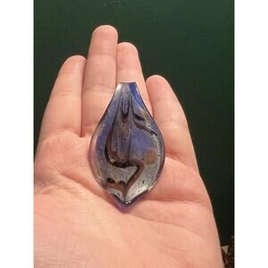 Vintage Murano Blown Art Glass Teardrop Pendant Brown, Blue and Silver Y2K